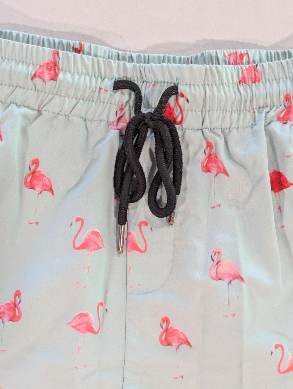 SHEIN Swim Shorts Mens L Green Flamingo Print Mesh Lined Drawstring Trunks